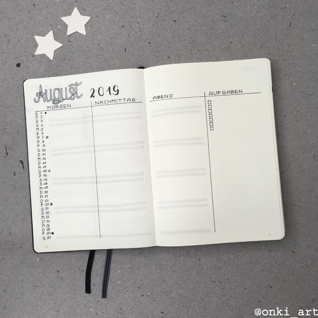 Bullet Journal monthly spread august 2019